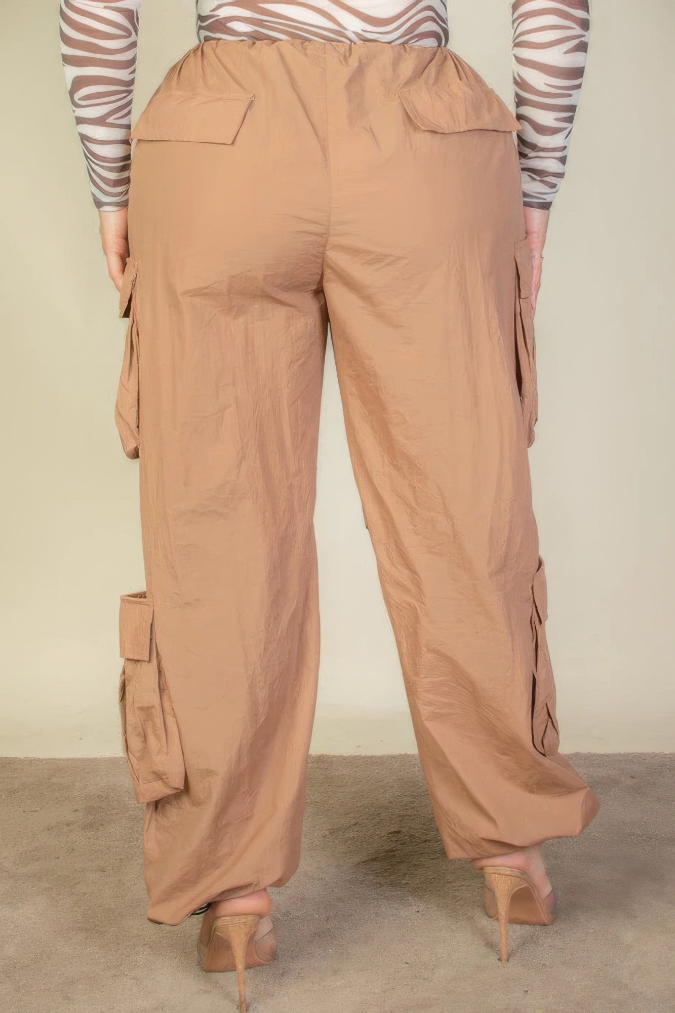 Plus Size Flap Pockets Drawstring Ruched Parachute Pants