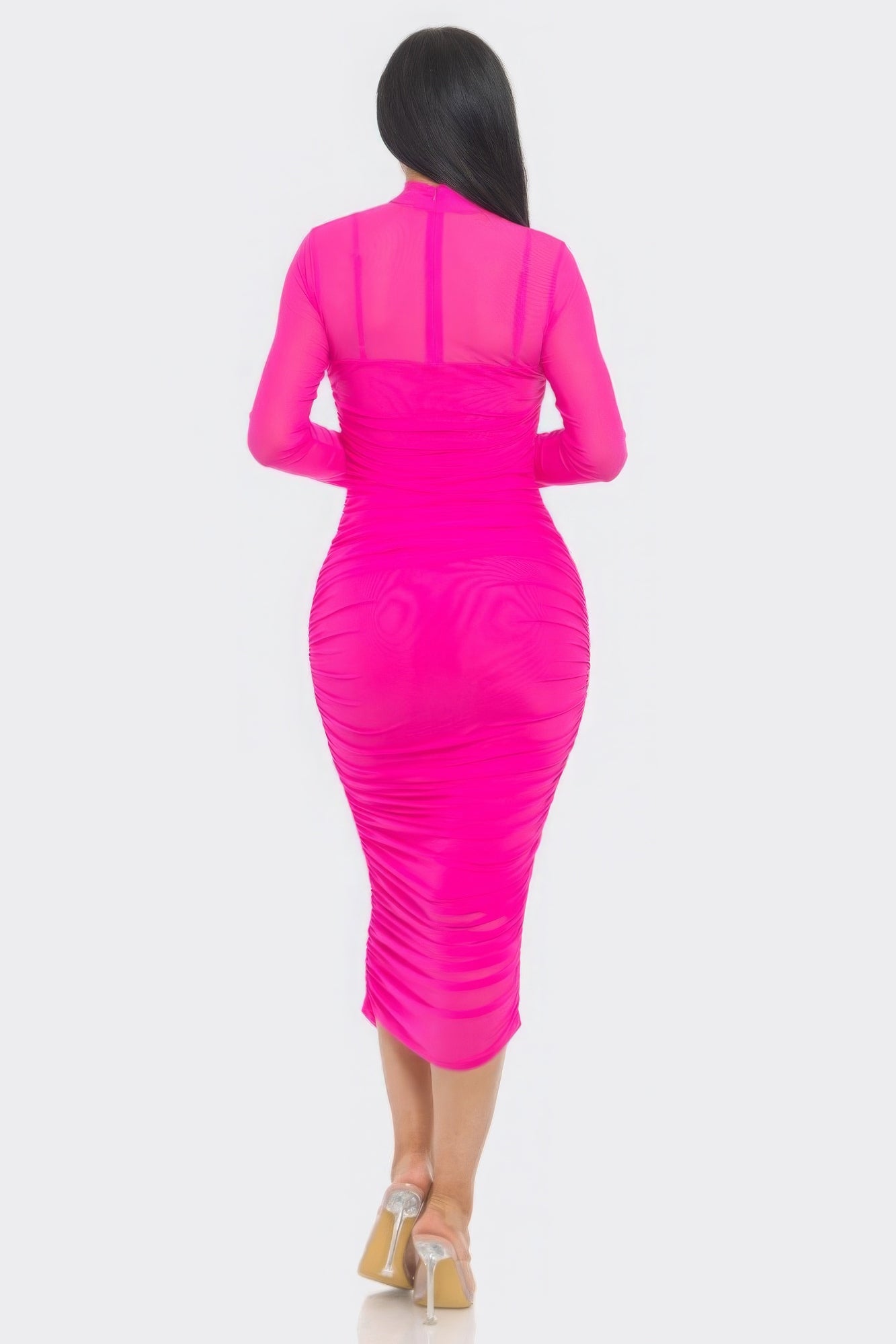 Solid Mesh Ruched Midi Dress