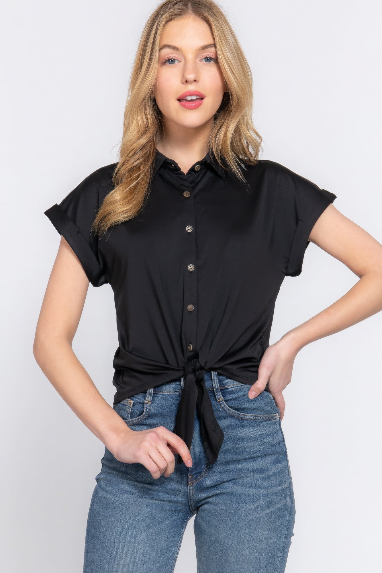 Short Slv Front Tie Stretch Ity  Top