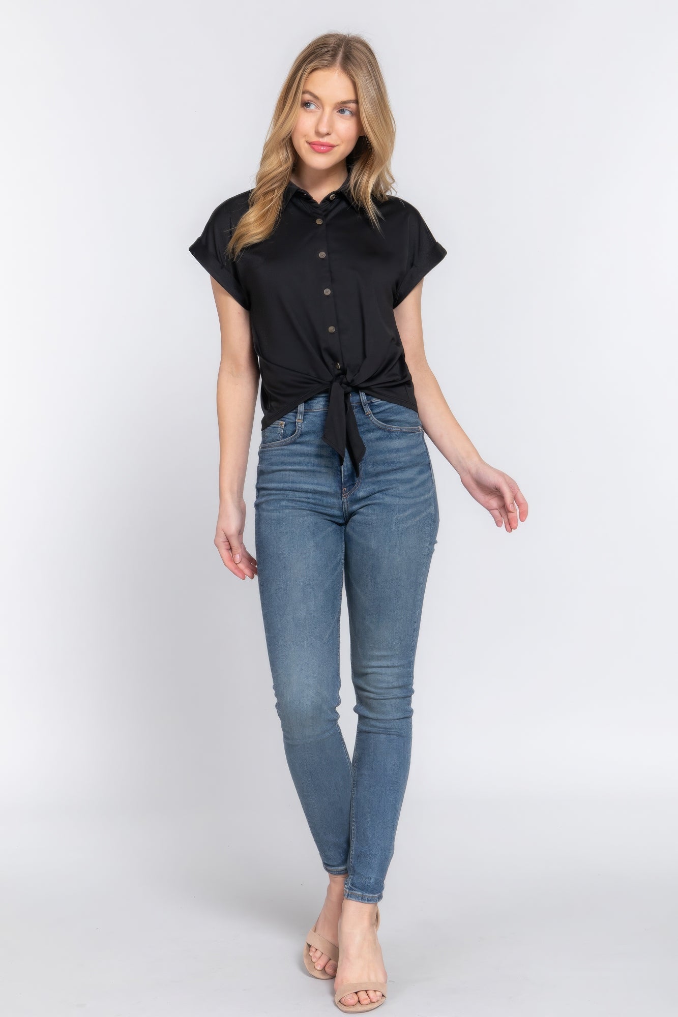 Short Slv Front Tie Stretch Ity  Top